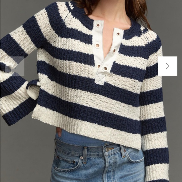 Pilcro Sweaters - Pilcro Bell-Sleeve Henley Sweater Striped Navy Blue Cream size XXS